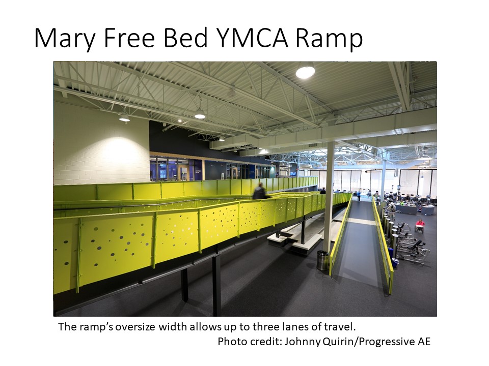 The main entrance of Mary Free Bed YMCA features zero transitions between the road, sidewalk and building. Photo credit: Bill Lindhout/Progressive AE